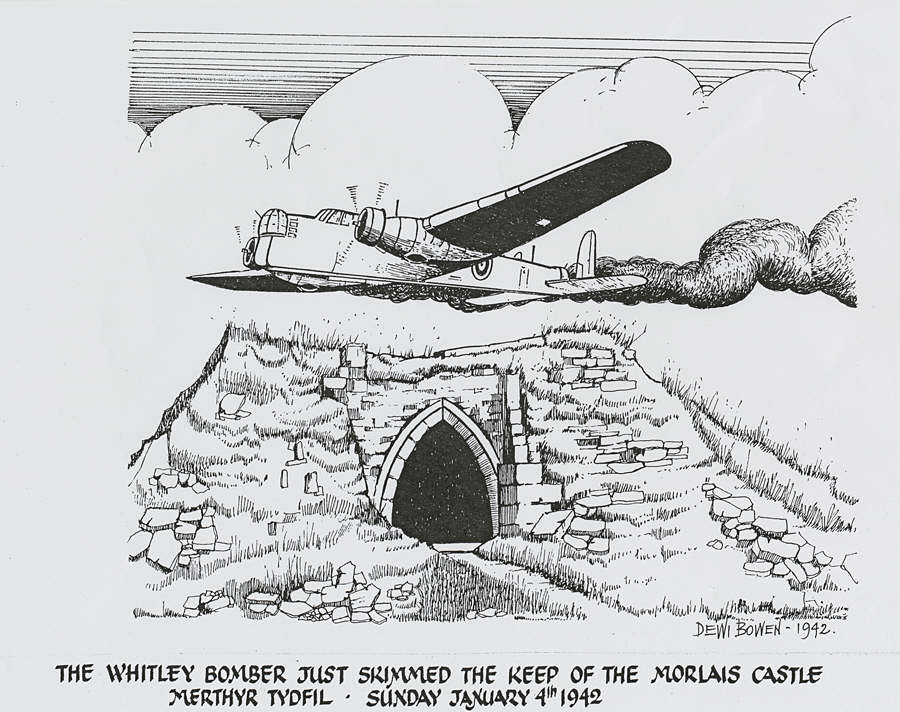 Drawing of the Armstrong Whitworth Whitley Bomber crash by Dewi Bowen