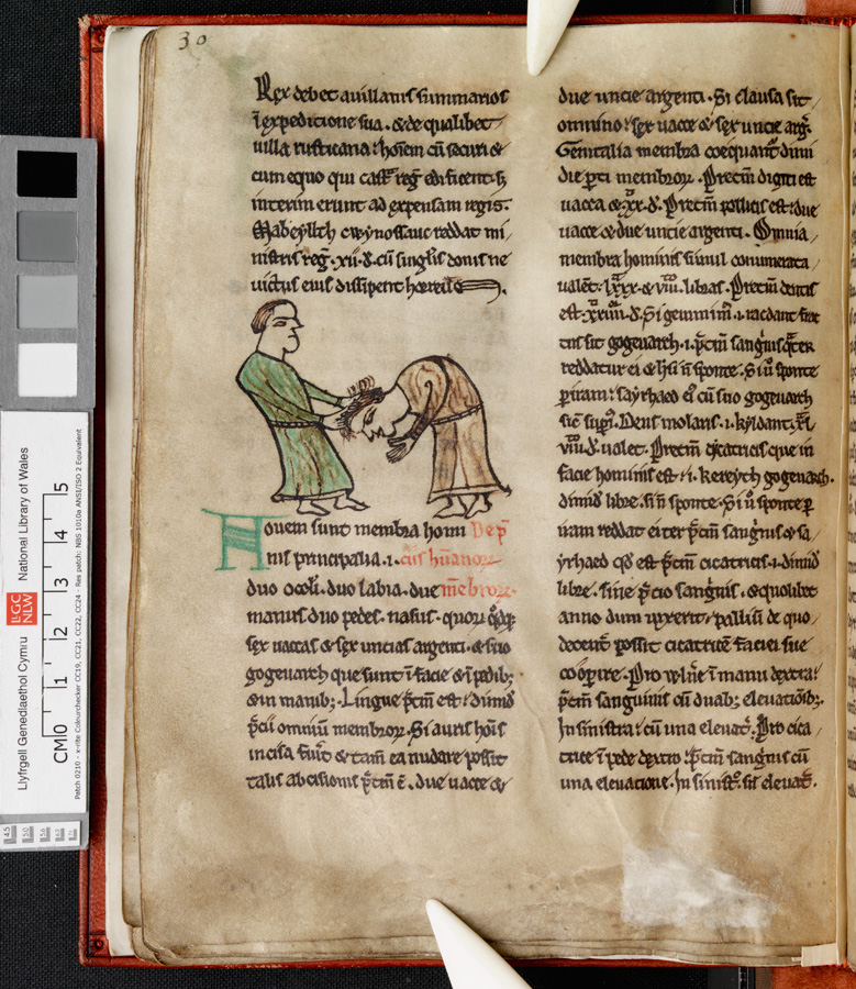 Afbeelding van een middeleeuwshandschrift waarin een illustratie staat van een man die aan het haar van een andere man trekt.